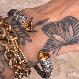 Vintage 18K & 925 Sterling Silver Citrine & Peridot Unisex Cuff Bracelet